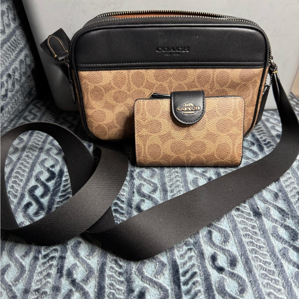 Coach Black and Tan Crossbody Bag with Matching Wallet